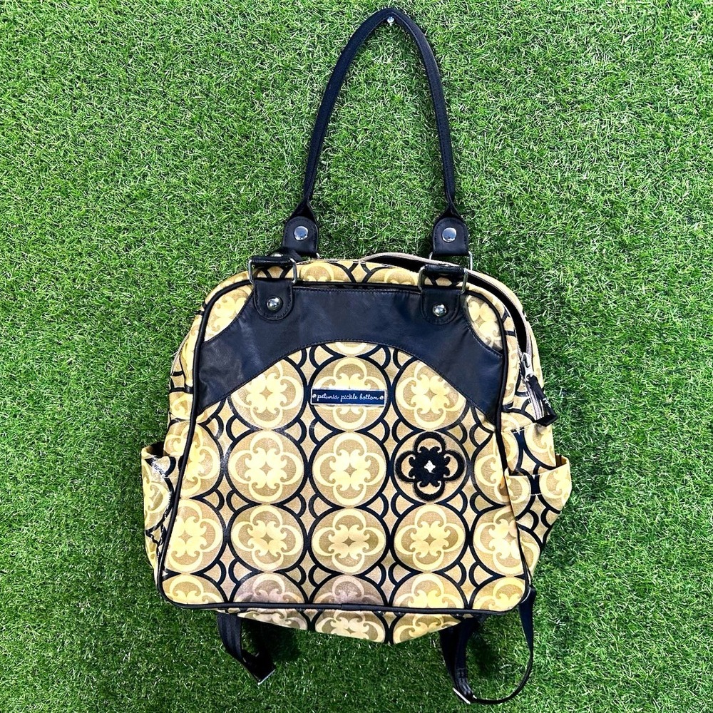 Petunia Pickle Bottom Beige Black Geometric Medium Backpack Zip Silver Hardware
